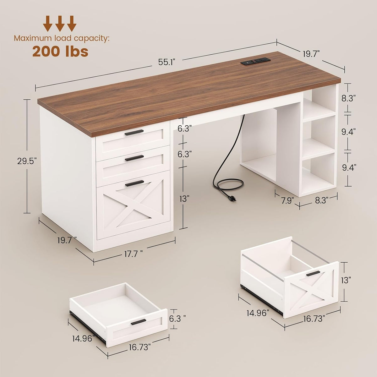 55.1" Farmhouse 3-Drawer Office Desk