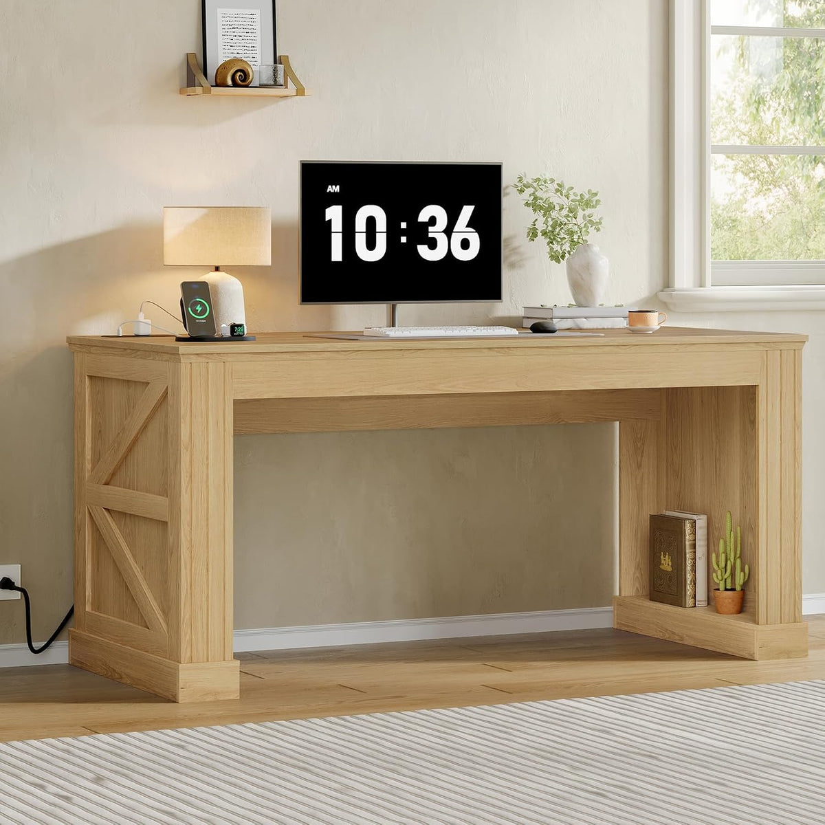 63" Farmhouse Double Pedestal Executive Desk Natural