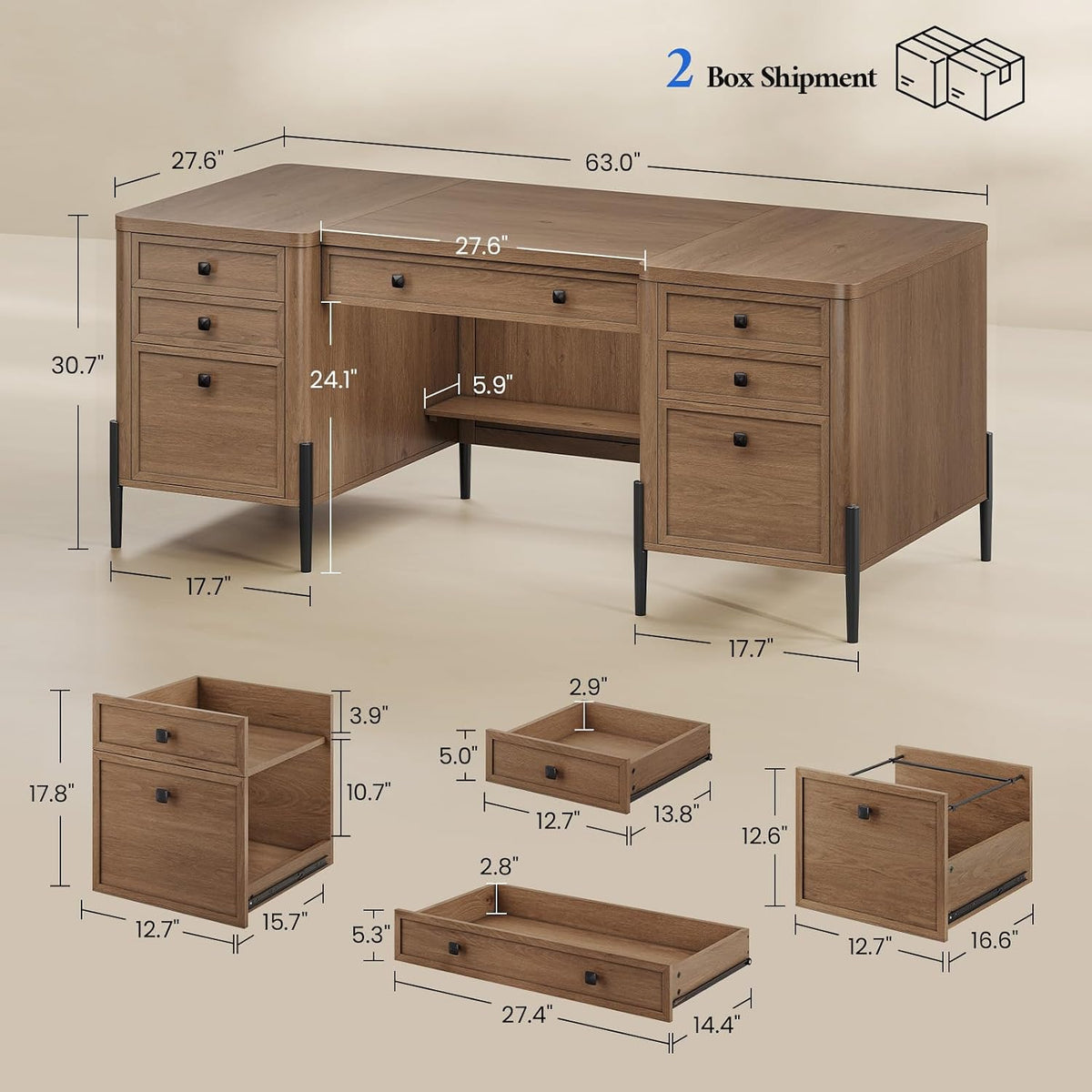 63" Executive Desk with 6 Drawers & 2 Cabinets