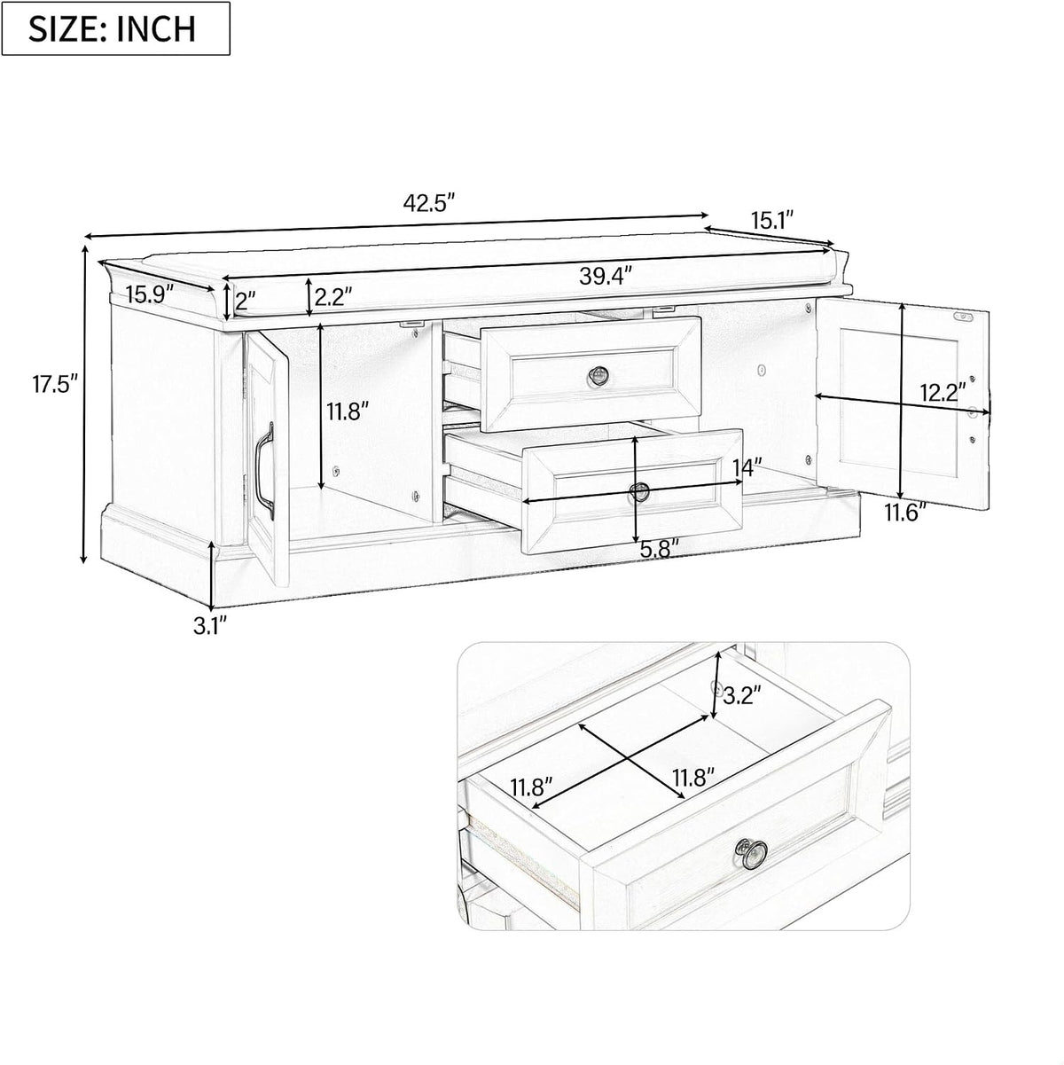 4-Door 2-Drawer Storage Bench