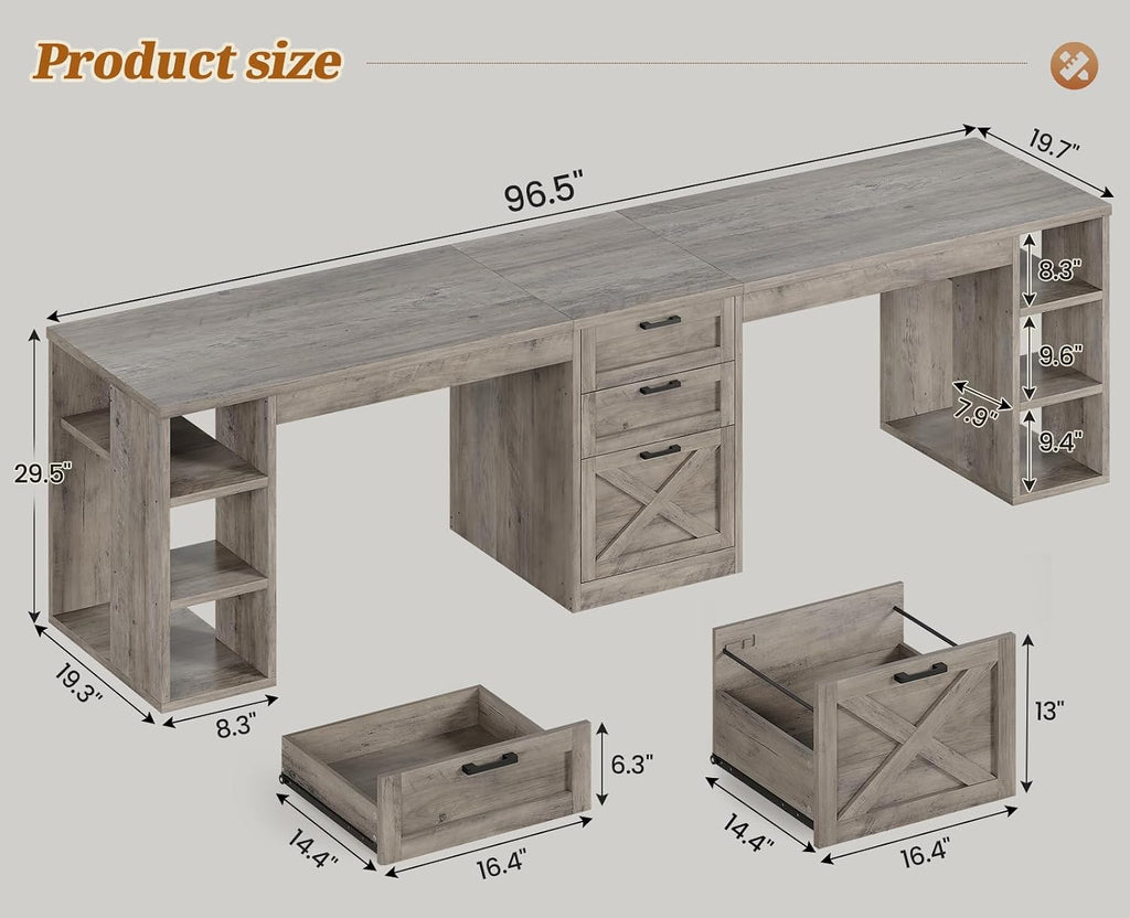 96.5" Farmhouse 2 Person Desk Grey