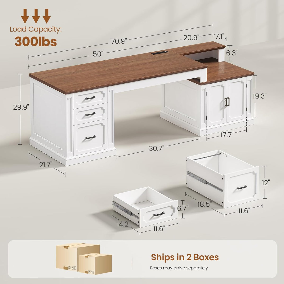 70.9" Farmhouse Executive Desk White+Brown