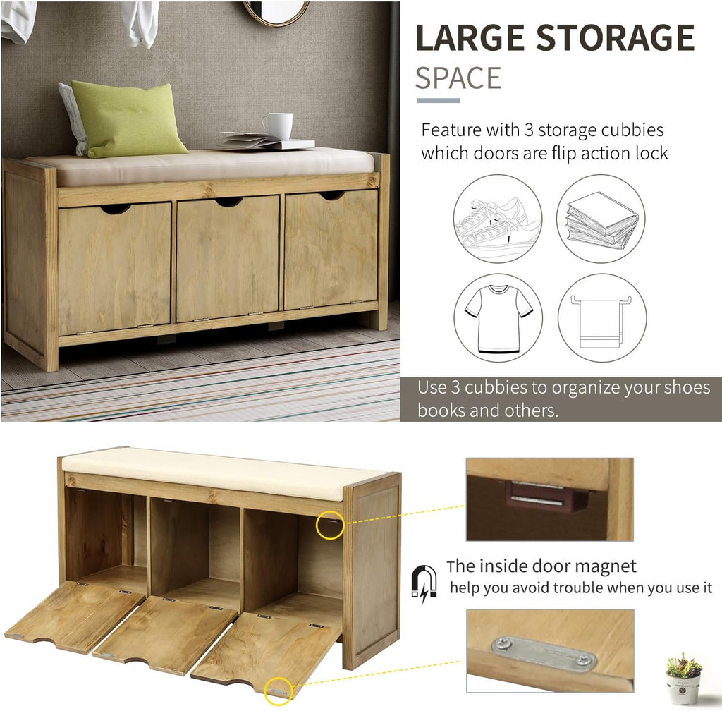 Storage Bench with 3 Flip Cubbies