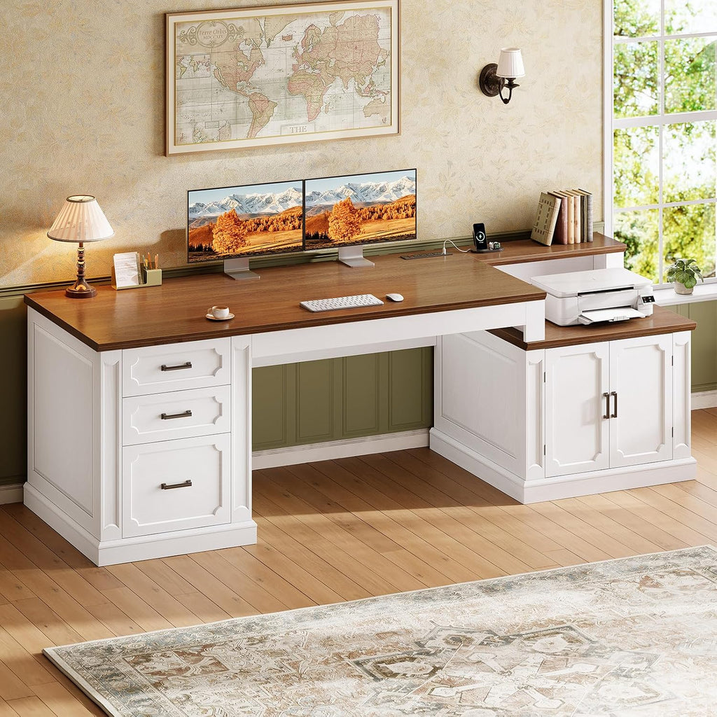 70.9" Farmhouse Executive Desk White+Brown
