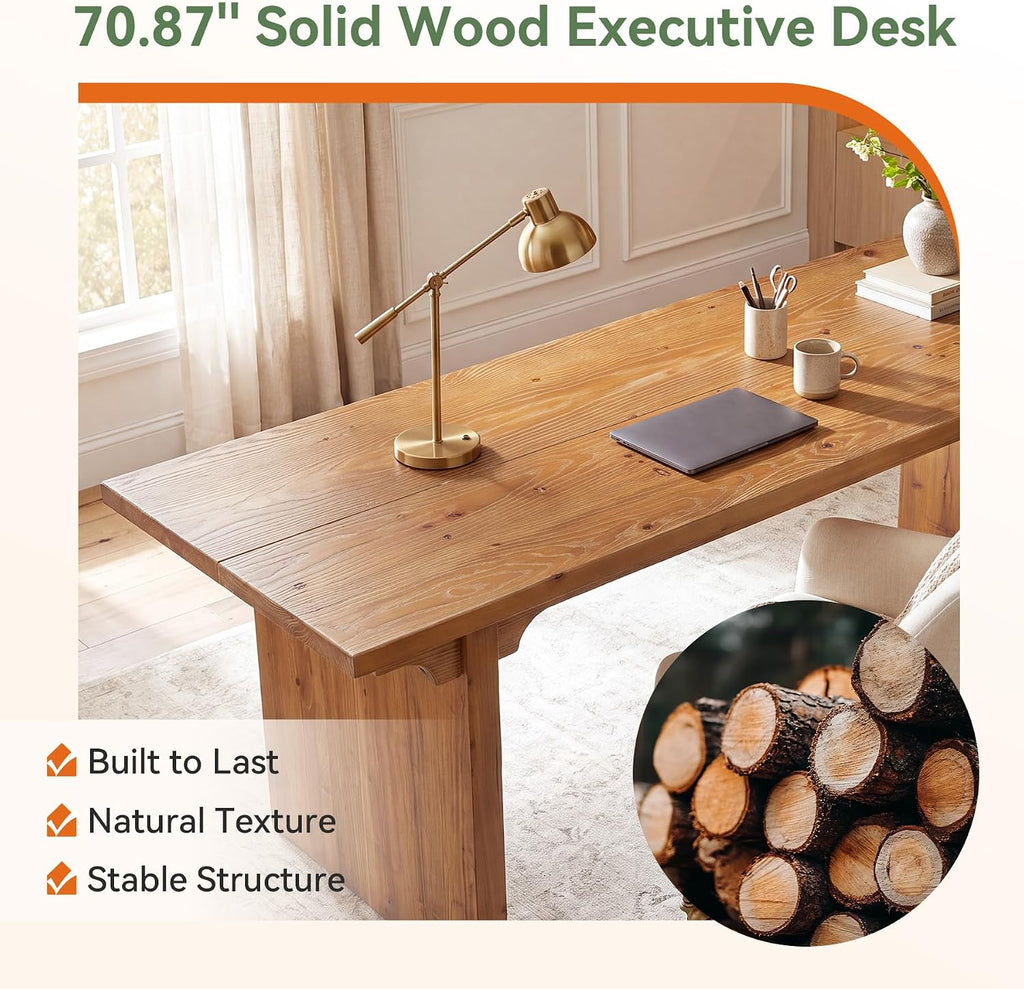 70.87" Farmhouse Solid Wood Executive Desk
