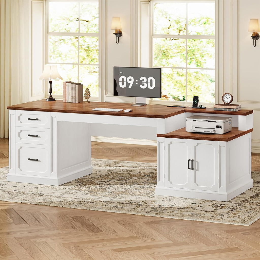 70.9" Farmhouse Executive Desk White+Brown
