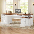 70.9" Farmhouse Executive Desk White+Brown