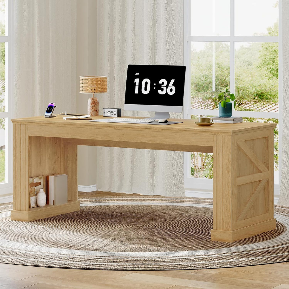 63" Farmhouse Double Pedestal Executive Desk Natural