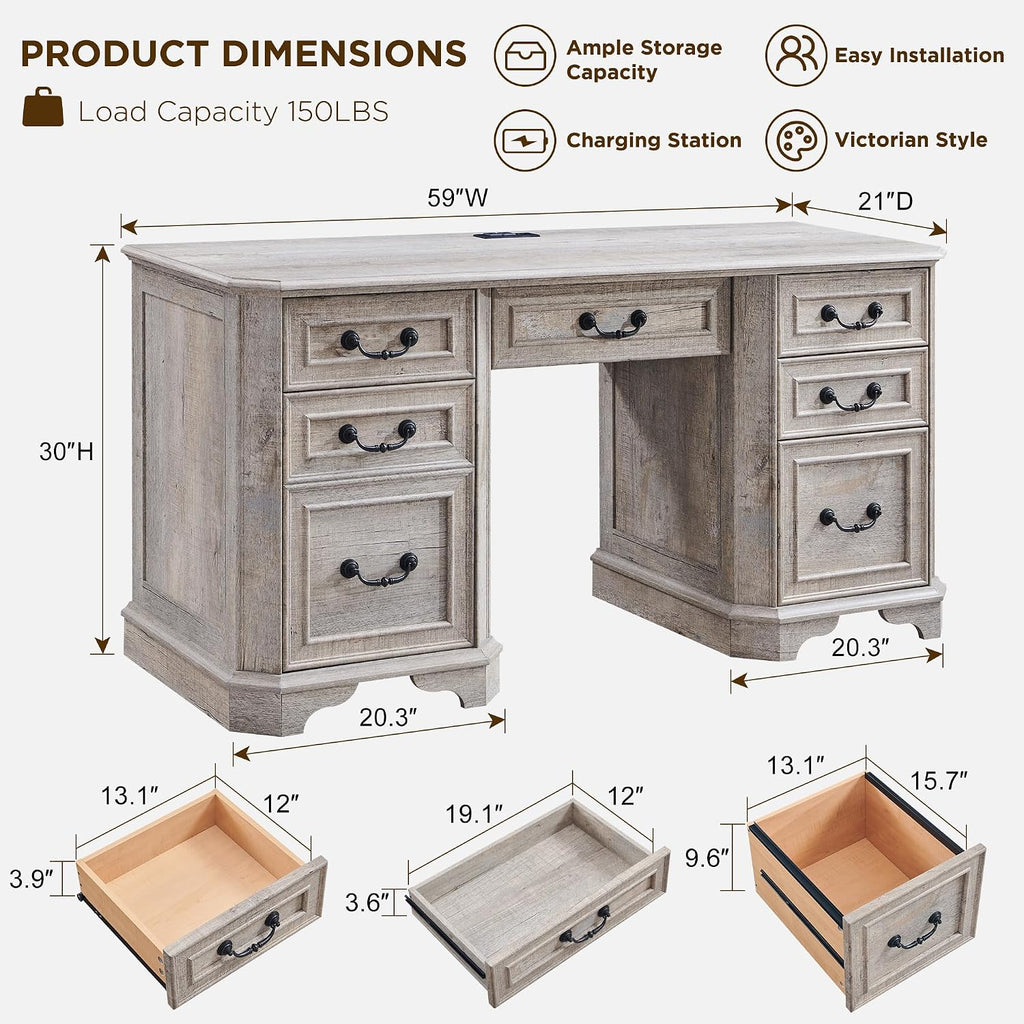 59" Farmhouse Executive Desk Light Rustic Oak