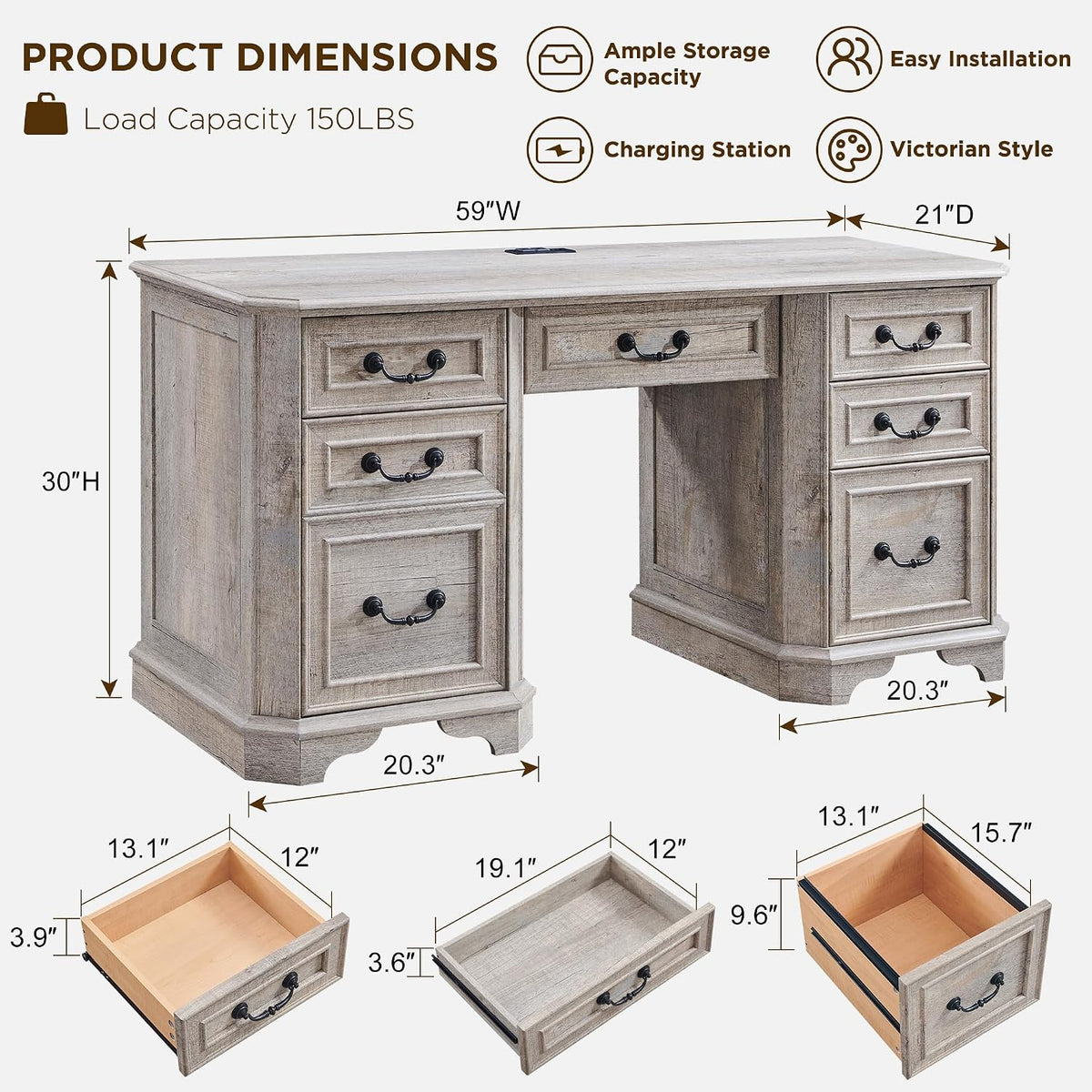 59" Farmhouse Executive Desk Light Rustic Oak