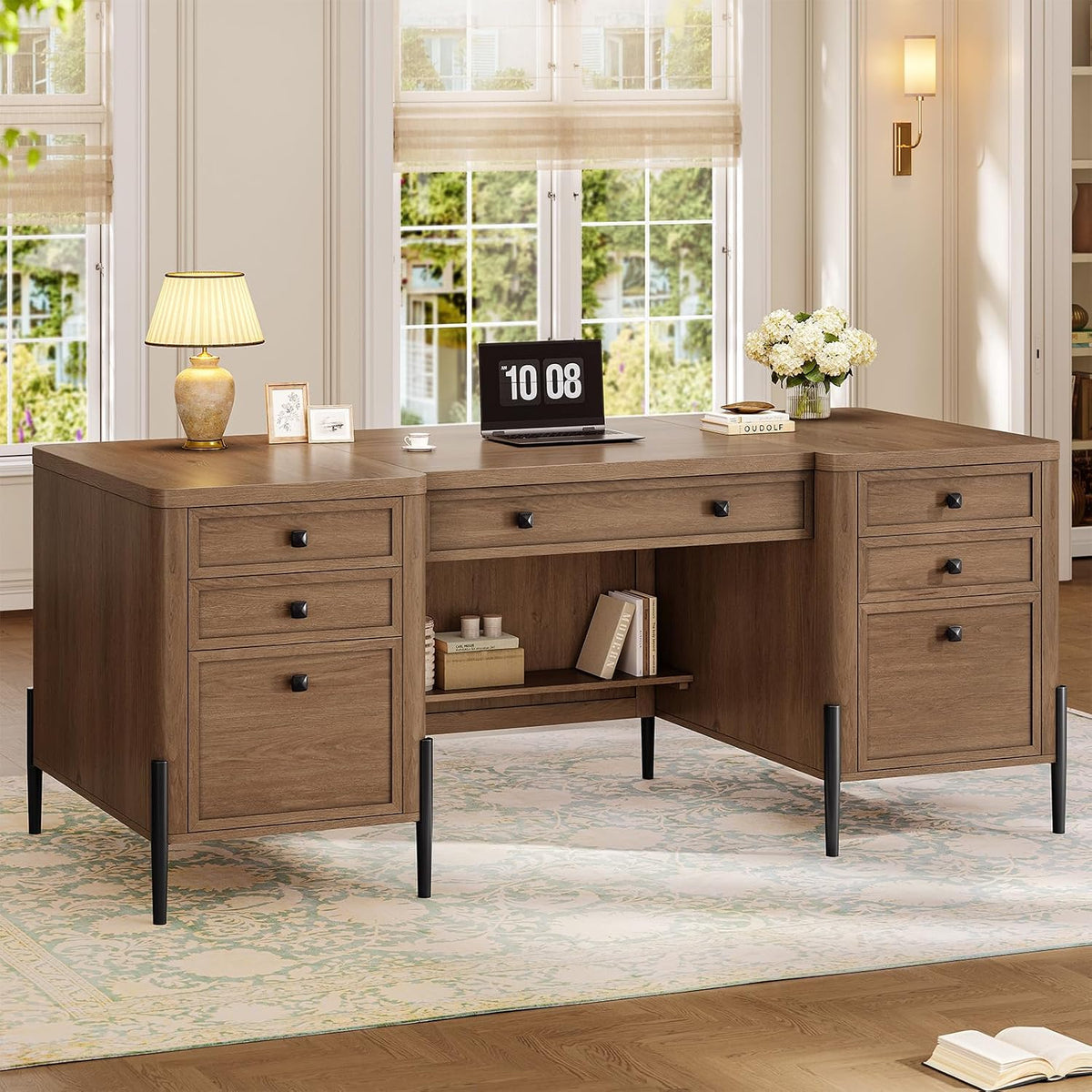 63" Executive Desk with 6 Drawers & 2 Cabinets