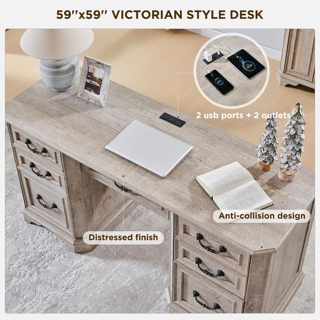 59" Farmhouse Executive Desk Light Rustic Oak