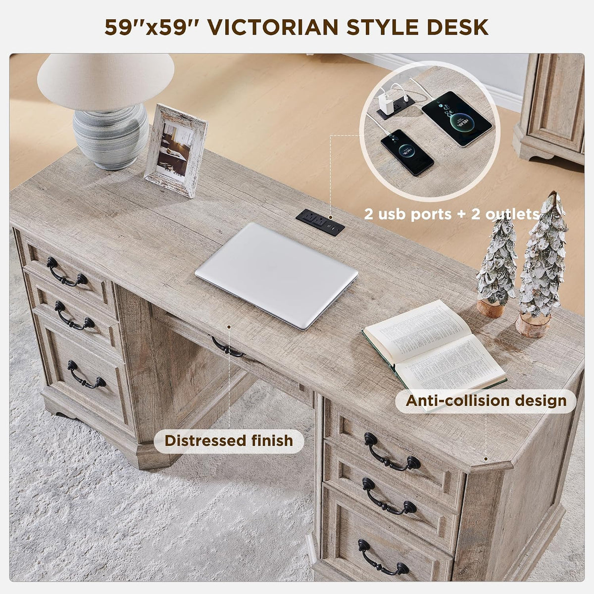 59" Farmhouse Executive Desk Light Rustic Oak